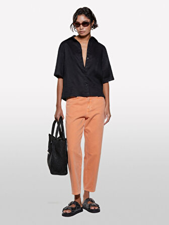 %100 Keten Kısa Kollu Gömlek Kadın Siyah Gömlek - 325P5BMLLQ08U