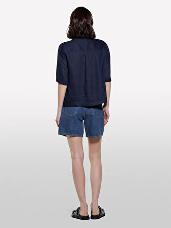 %100 Keten Kısa Kollu Gömlek Kadın Lacivert Gömlek - 325P5BMLLQ08U