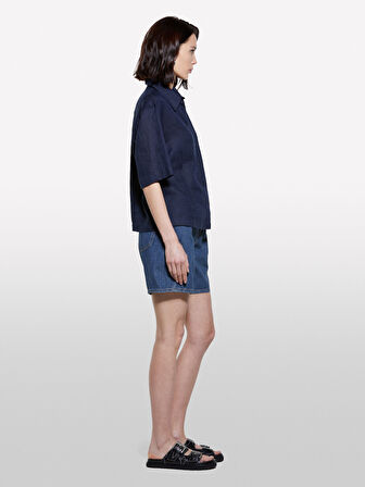 %100 Keten Kısa Kollu Gömlek Kadın Lacivert Gömlek - 325P5BMLLQ08U