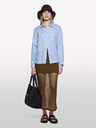 %100 Keten Düğmeli Göğüs Cepli Uzun Kollu Gömlek Kadın Mavi Gömlek - 325P5BMLLQ06S