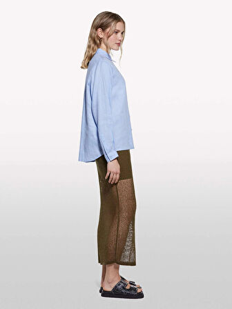 %100 Keten Düğmeli Göğüs Cepli Uzun Kollu Gömlek Kadın Mavi Gömlek - 325P5BMLLQ06S