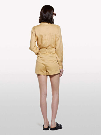 %100 Keten Düğmeli Göğüs Cepli Uzun Kollu Gömlek Kadın Sarı Gömlek - 325P5BMLLQ06S