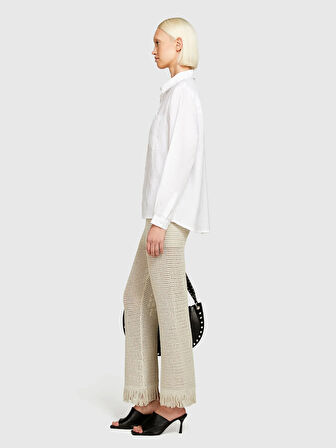 %100 Keten Düğmeli Göğüs Cepli Uzun Kollu Gömlek Kadın Beyaz Gömlek - 325P5BMLLQ06S