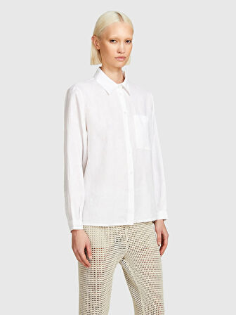 %100 Keten Düğmeli Göğüs Cepli Uzun Kollu Gömlek Kadın Beyaz Gömlek - 325P5BMLLQ06S