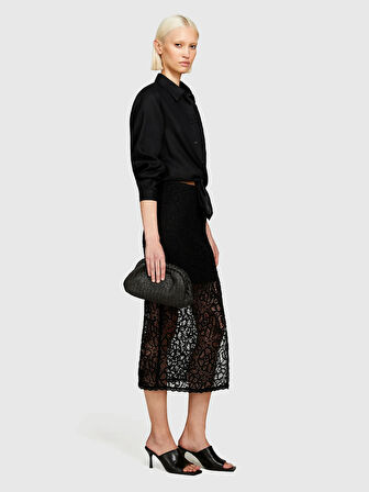 %100 Keten Düğmeli Göğüs Cepli Uzun Kollu Gömlek Kadın Siyah Gömlek - 325P5BMLLQ06S