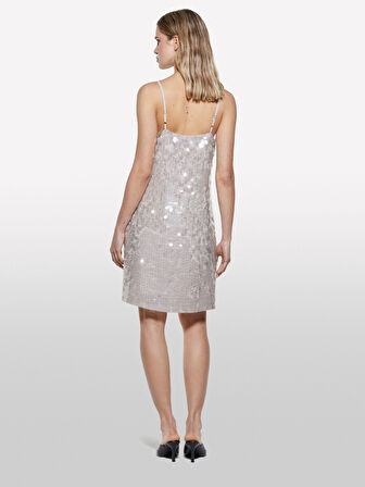 Payetli Şifon Düz Yaka Askılı Kısa Elbise Kadın Gri Elbise - 325P4Z5JLV07G