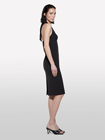 Pamuk Karışımlı Arkası Yırtmaçlı Halter Yaka Elbise Kadın Siyah Elbise - 325P4QCPLV07A