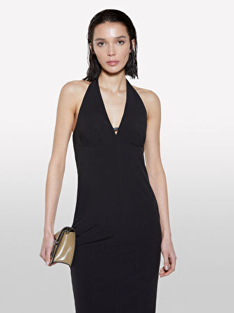 Pamuk Karışımlı Arkası Yırtmaçlı Halter Yaka Elbise Kadın Siyah Elbise - 325P4QCPLV07A