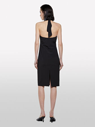 Pamuk Karışımlı Arkası Yırtmaçlı Halter Yaka Elbise Kadın Siyah Elbise - 325P4QCPLV07A