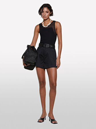 Streç Pamuklu Cepli Yüksek Bel Slim Fit Şort Kadın Siyah Şort - 325P4ED4L901N