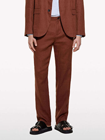 %100 Keten Slim Comfort Fit Pantolon Erkek Kahverengi Pantolon - 325P4AGHSF049