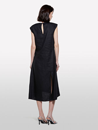 %100 Keten Asimetrik Etekli Dikiş Detaylı Uzun Elbise Kadın Siyah Elbise - 325P4AGHLV073