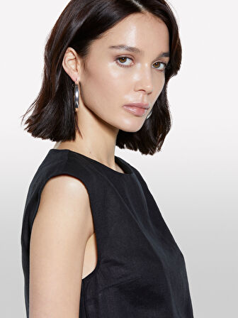 %100 Keten Asimetrik Etekli Dikiş Detaylı Uzun Elbise Kadın Siyah Elbise - 325P4AGHLV073