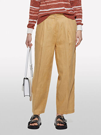 %100 Keten Önü Pile Detaylı Yüksek Bel Jogger Pantolon Kadın Sarı Pantolon - 325P4AGHLF06R