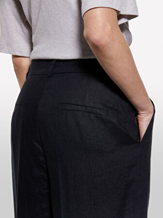 %100 Keten Önü Pile Detaylı Yüksek Bel Jogger Pantolon Kadın Siyah Pantolon - 325P4AGHLF06R