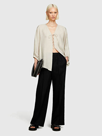 %100 Keten Beli Lastikli Önü Pileli Geniş Paça Pantolon Kadın Siyah Pantolon - 325P4AGHLF03U