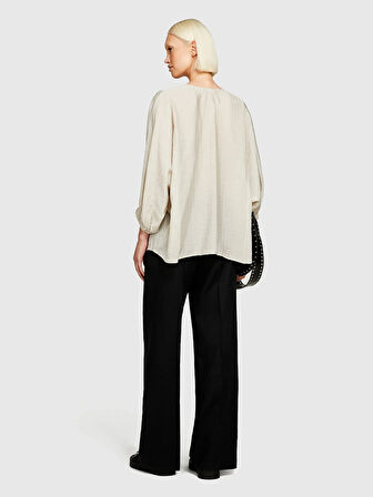 %100 Keten Beli Lastikli Önü Pileli Geniş Paça Pantolon Kadın Siyah Pantolon - 325P4AGHLF03U