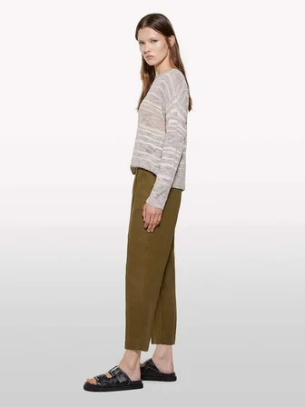 %100 Keten Beli Lastikli Önü Pileli Pantolon Kadın Yeşil Pantolon - 325P4AGHLF00S