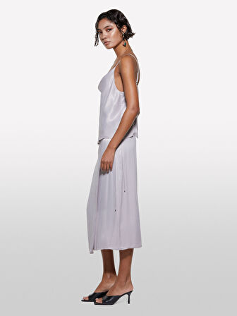 %100 Viskoz Saten Midi Etek Kadın Gri Etek - 325P42BZL002R