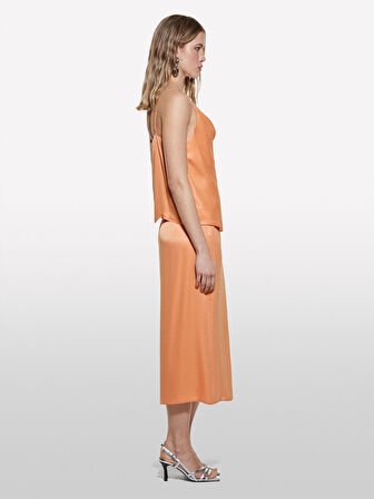 %100 Viskoz Saten Midi Etek Kadın Turuncu Etek - 325P42BZL002R