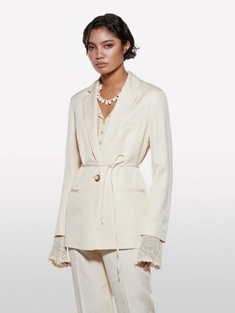 Keten Karışımlı Bağlamalı Oversize Blazer Ceket Kadın Şampanya Ceket - 325P2G1WLW031