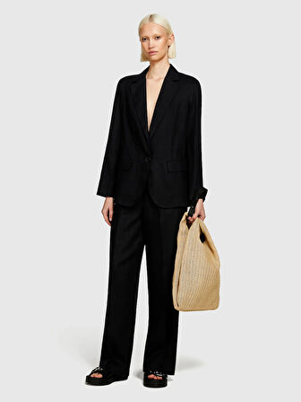 %100 Keten Tek Düğmeli Blazer Ceket Kadın Siyah Ceket - 325P2AGHLW019