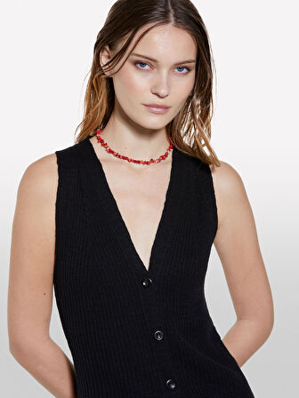 Keten Karışımlı Slim Fit Triko Yelek Kadın Siyah Yelek - 325P105GM602J