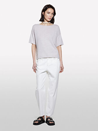 Keten Karışımlı Bisiklet Yaka Oversize T-Shirt Kadın Gri T-Shirt - 325P105GM106H