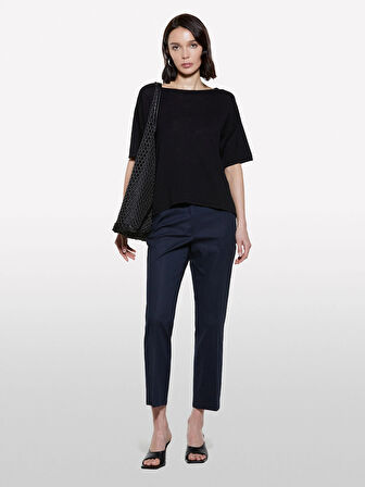 Keten Karışımlı Bisiklet Yaka Oversize T-Shirt Kadın Siyah T-Shirt - 325P105GM106H