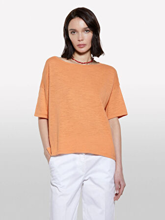Keten Karışımlı Bisiklet Yaka Oversize T-Shirt Kadın Turuncu T-Shirt - 325P105GM106H