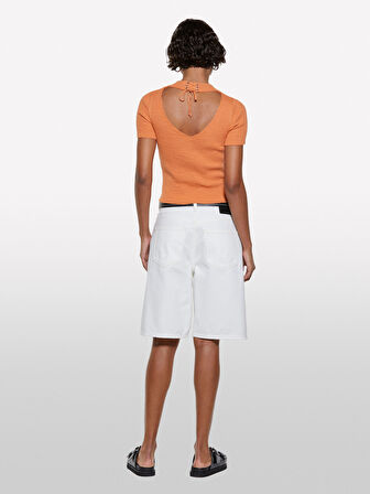 Keten Karışımlı Slim Fit Kısa Kollu Kazak Kadın Turuncu Kazak - 325P105GM106G