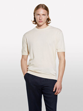 %100 Pamuk Ribana Detaylı Kısa Kollu Kazak Erkek Sarı Kazak - 325P1028S104G