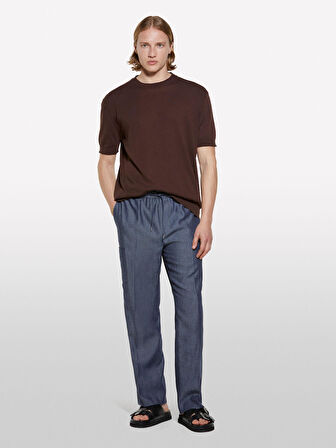 %100 Pamuk Ribana Detaylı Kısa Kollu Kazak Erkek kahverengi Kazak - 325P1028S104G