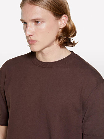 %100 Pamuk Ribana Detaylı Kısa Kollu Kazak Erkek kahverengi Kazak - 325P1028S104G