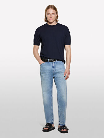 %100 Pamuk Ribana Detaylı Kısa Kollu Kazak Erkek İndigo Kazak - 325P1028S104G