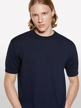 %100 Pamuk Ribana Detaylı Kısa Kollu Kazak Erkek İndigo Kazak - 325P1028S104G