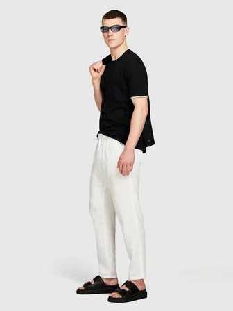 %100 Keten Beli Büzgülü İpli Slim Fit Pantolon Erkek Kırık Beyaz Pantolon - 325P4AGHSF043