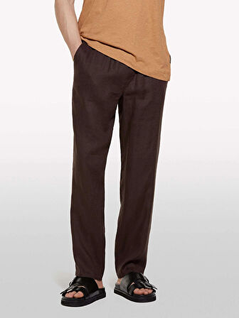 %100 Keten Beli Büzgülü İpli Slim Fit Pantolon Erkek kahverengi Pantolon - 325P4AGHSF043