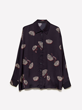 %100 Viskoz Tamamı Desenli Asimetrik Oversize Saten Gömlek Kadın Siyah Gömlek - 325A5IBNLQ07F