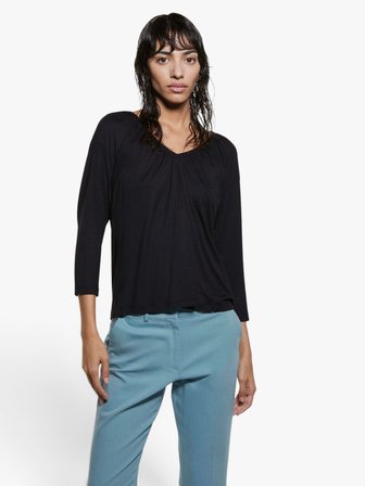 Viskoz Karışımlı Büzgülü V Yaka Boxy Fit Uzun Kollu T-Shirt Kadın Siyah T-Shirt - 325A3Z12L4014