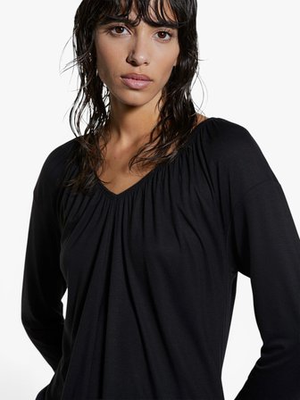 Viskoz Karışımlı Büzgülü V Yaka Boxy Fit Uzun Kollu T-Shirt Kadın Siyah T-Shirt - 325A3Z12L4014