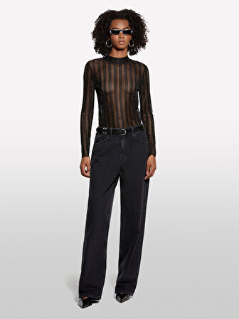 Trasparan Regular Fit Uzun Kollu T-Shirt Kadın Siyah T-Shirt - 325A327PL200U