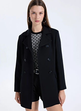 Viskoz Karışımlı Düğmeli Kruvaze Slim Fit Kaban Kadın Siyah Kaban - 325A2OUALN05Z