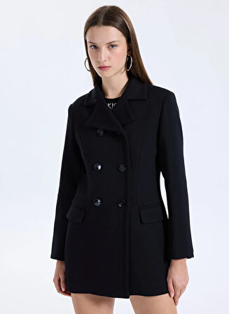 Viskoz Karışımlı Düğmeli Kruvaze Slim Fit Kaban Kadın Siyah Kaban - 325A2OUALN05Z