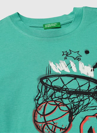 Benetton Baskılı Mavi - Yeşil Erkek Çocuk T-Shirt 3I1XC10SU