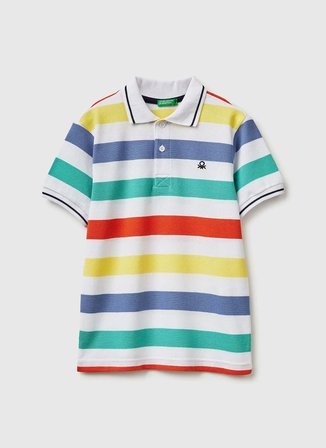 United Colors of Benetton Beyaz - Çok Renkli Erkek Çocuk Çizgili Polo T-Shirt 37JJC3023