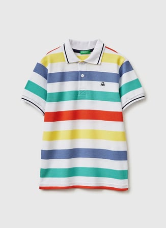 United Colors of Benetton Beyaz - Çok Renkli Erkek Çocuk Çizgili Polo T-Shirt 37JJC3023