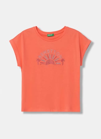 United Colors of Benetton Turuncu Kız Çocuk Baskılı T-Shirt 3I1XC10TT