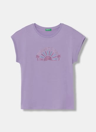 United Colors of Benetton Lila Kız Çocuk Baskılı T-Shirt 3I1XC10TT