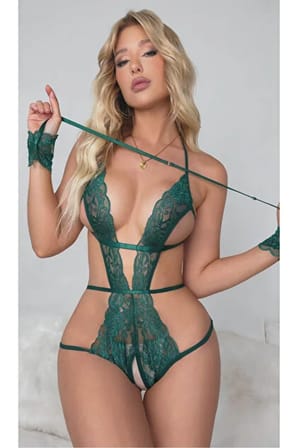 Kadın Zümrüt Yeşili Dantel Bodysuit Çapraz İp Detaylı Fantazi İç Giyim Body 2016